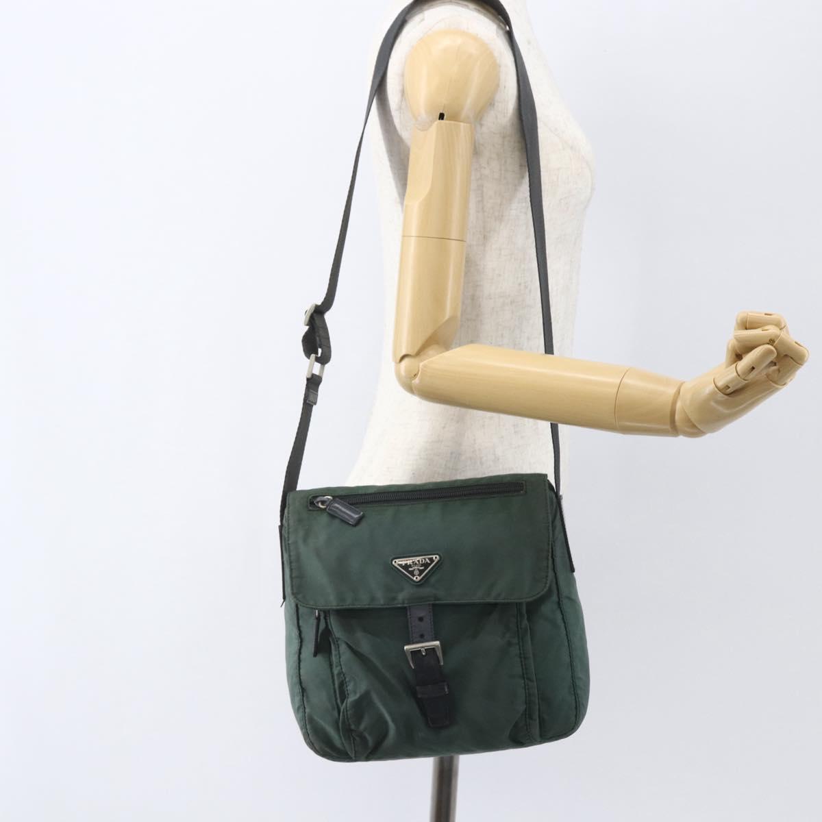 PRADA Shoulder Bag Nylon Green Silver Auth 157249