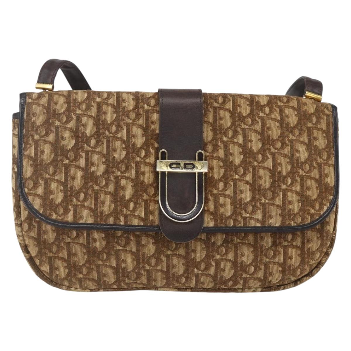 Christian Dior Trotter Canvas Shoulder Bag Beige Gold Auth 157258