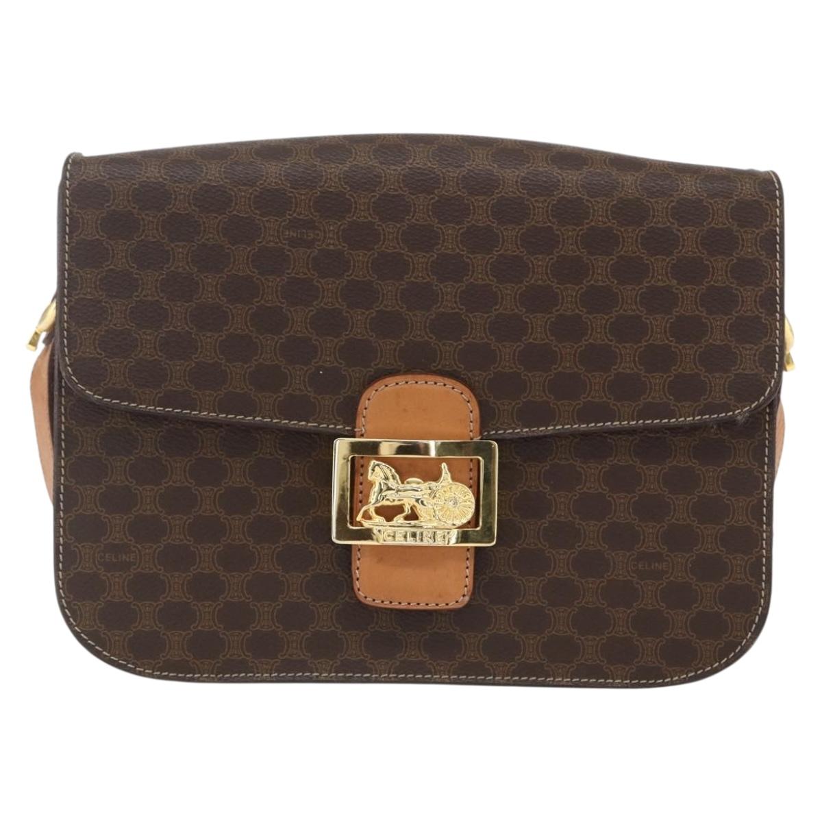 CELINE Macadam Canvas Horse Carriage Bag PVC Leather Brown Gold Auth 157263