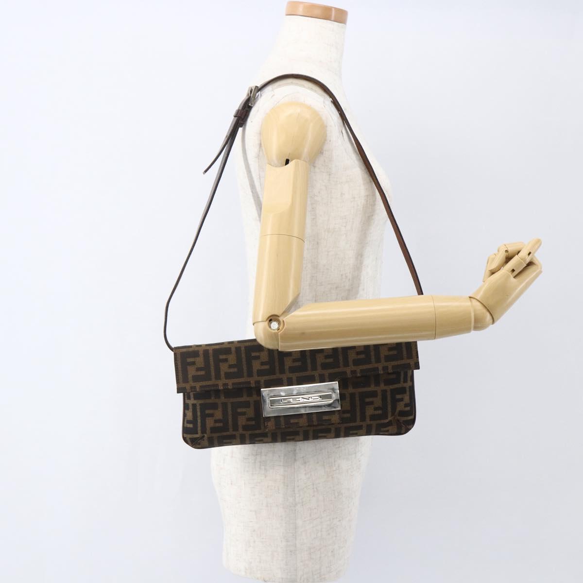 FENDI Zucca Canvas Shoulder Bag Brown Black Auth 157270V