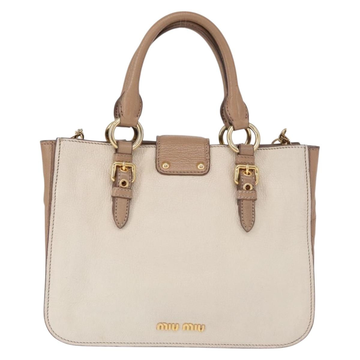 Miu Miu Madras Hand Bag Leather 2way Beige Gold Auth 157273