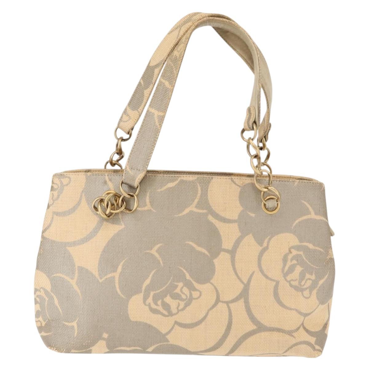 CHANEL Camelia Tote Bag Straw Beige Gold CC Auth 157274