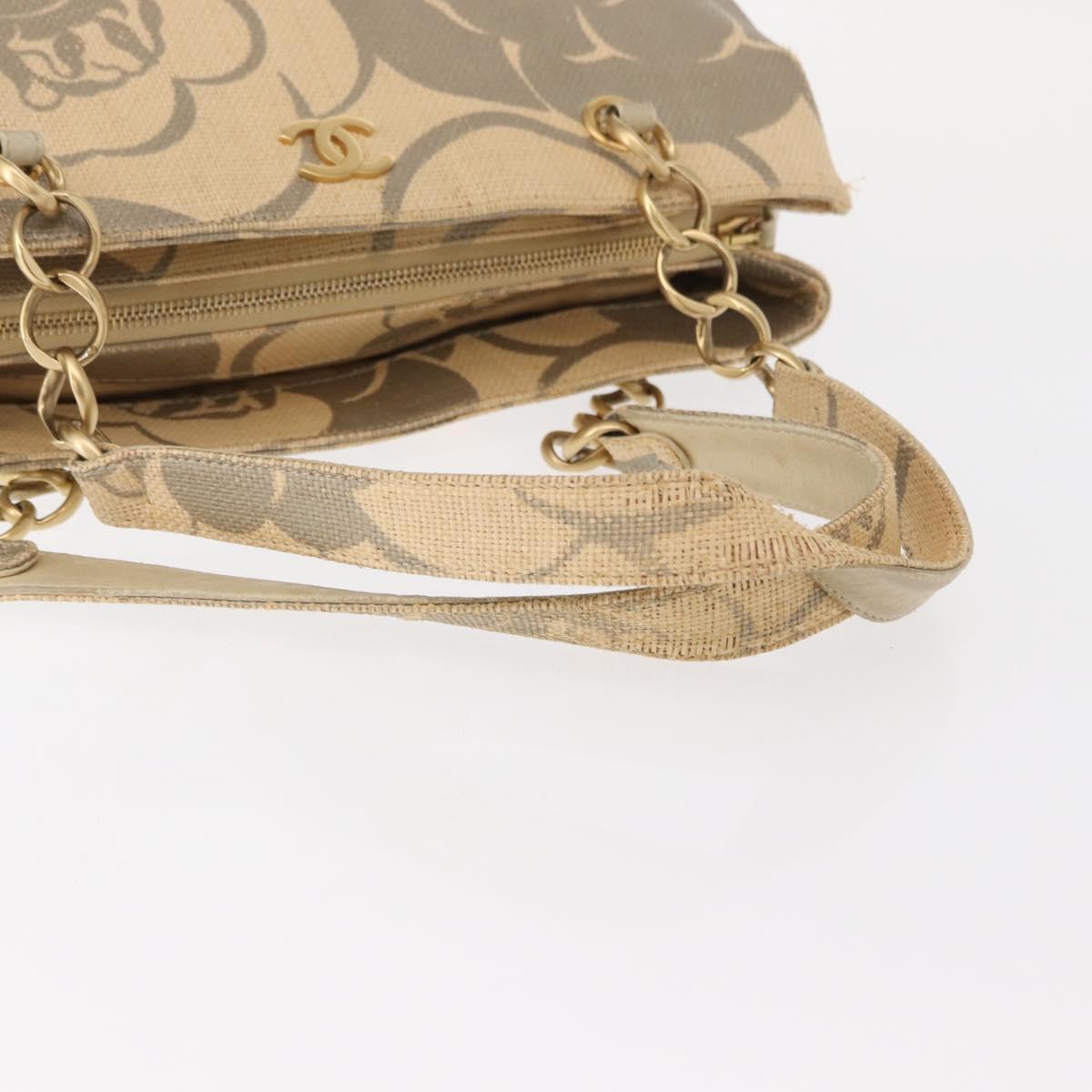CHANEL Camelia Tote Bag Straw Beige Gold CC Auth 157274