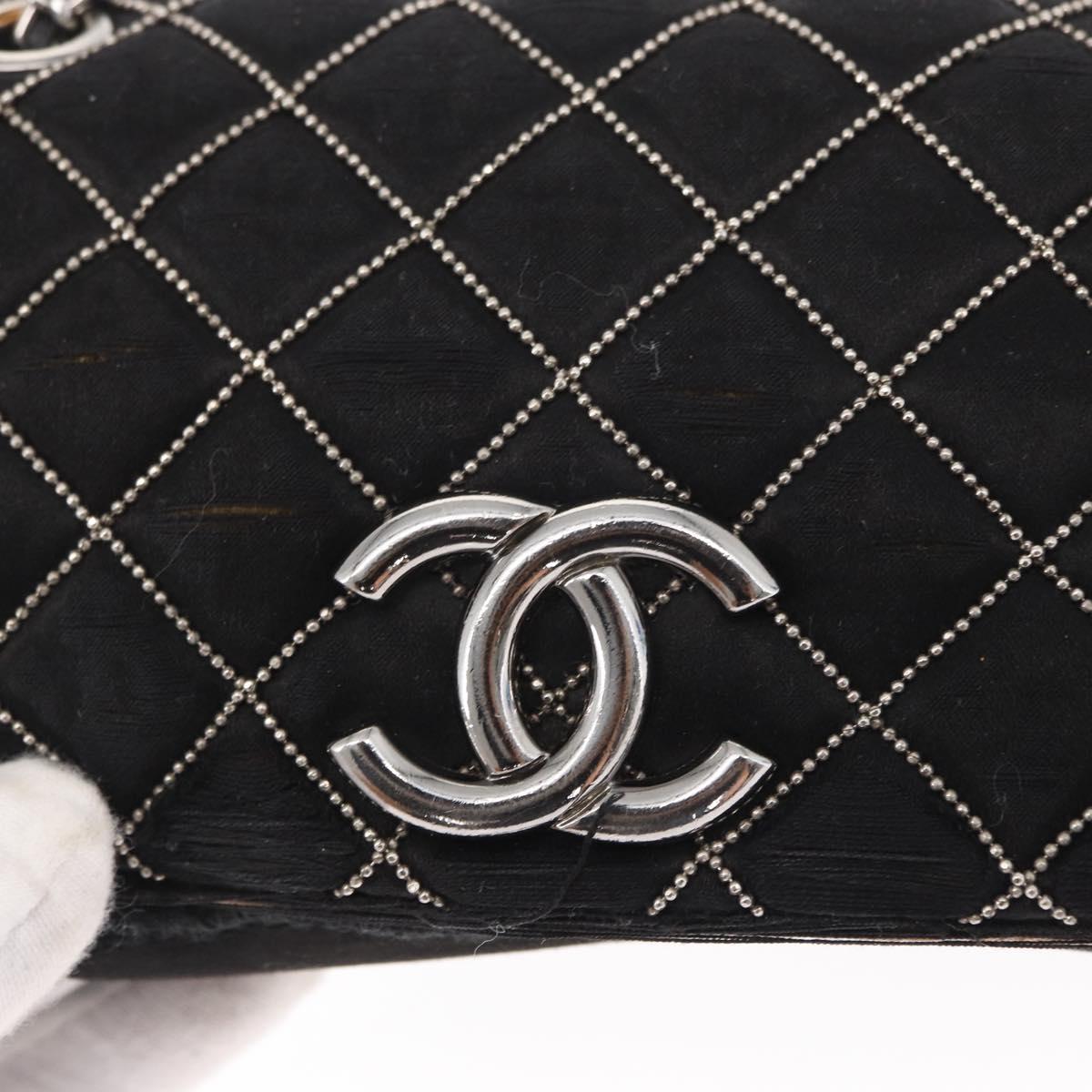 CHANEL Matelasse Chain Shoulder Bag Satin Black Silver CC Auth 157278