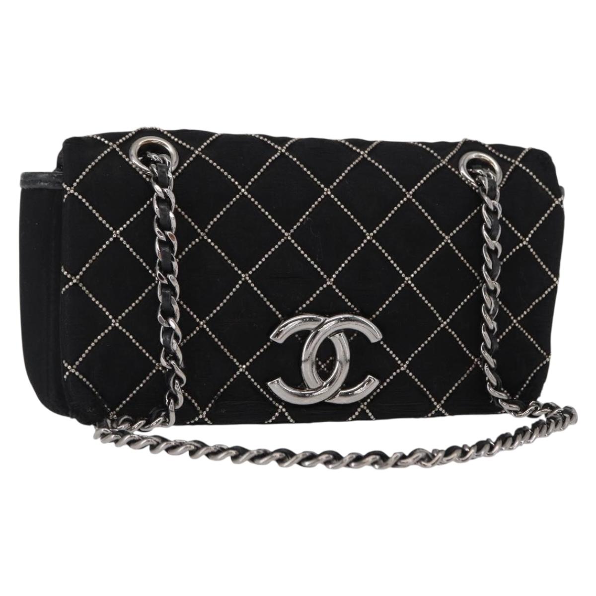 CHANEL Matelasse Chain Shoulder Bag Satin Black Silver CC Auth 157278