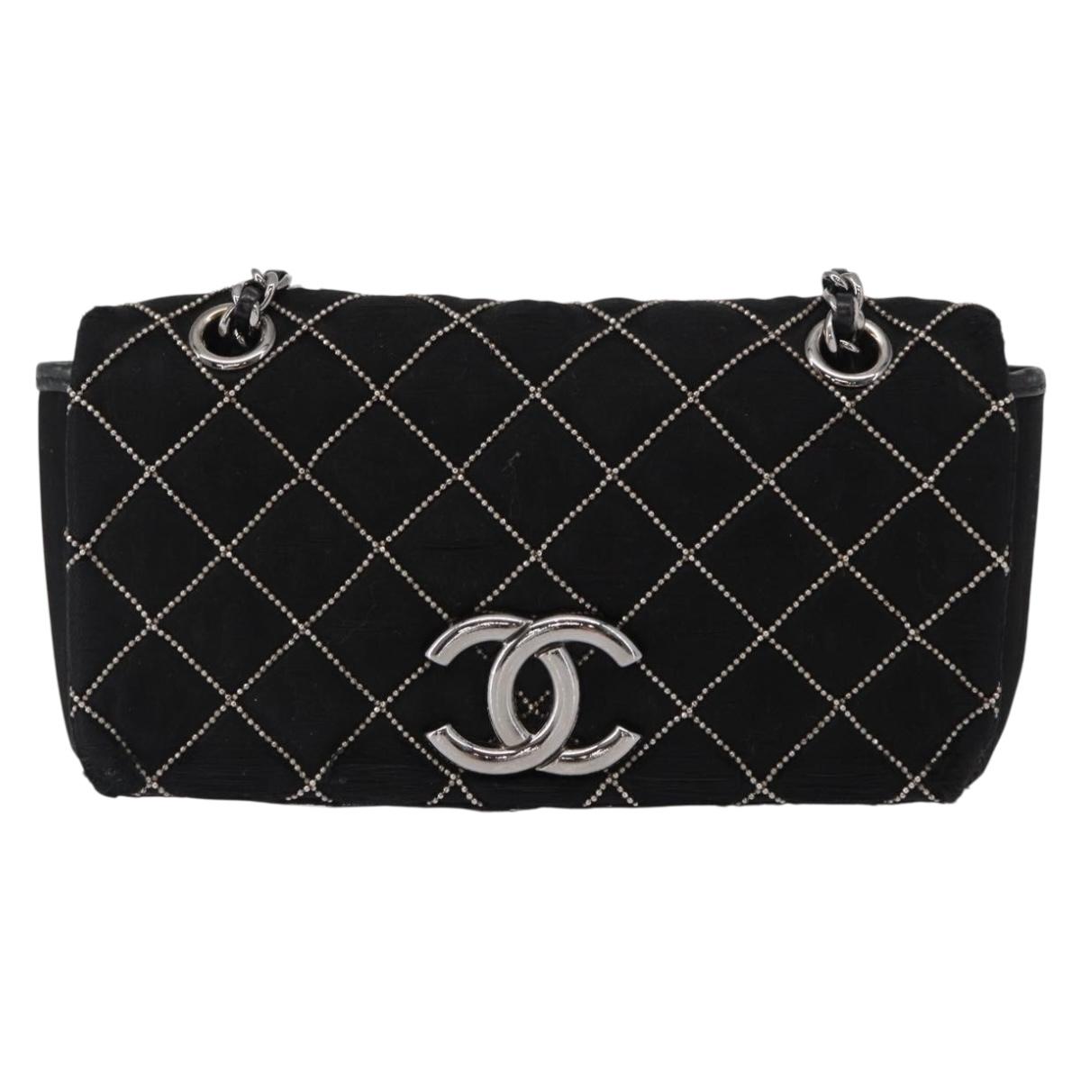 CHANEL Matelasse Chain Shoulder Bag Satin Black Silver CC Auth 157278