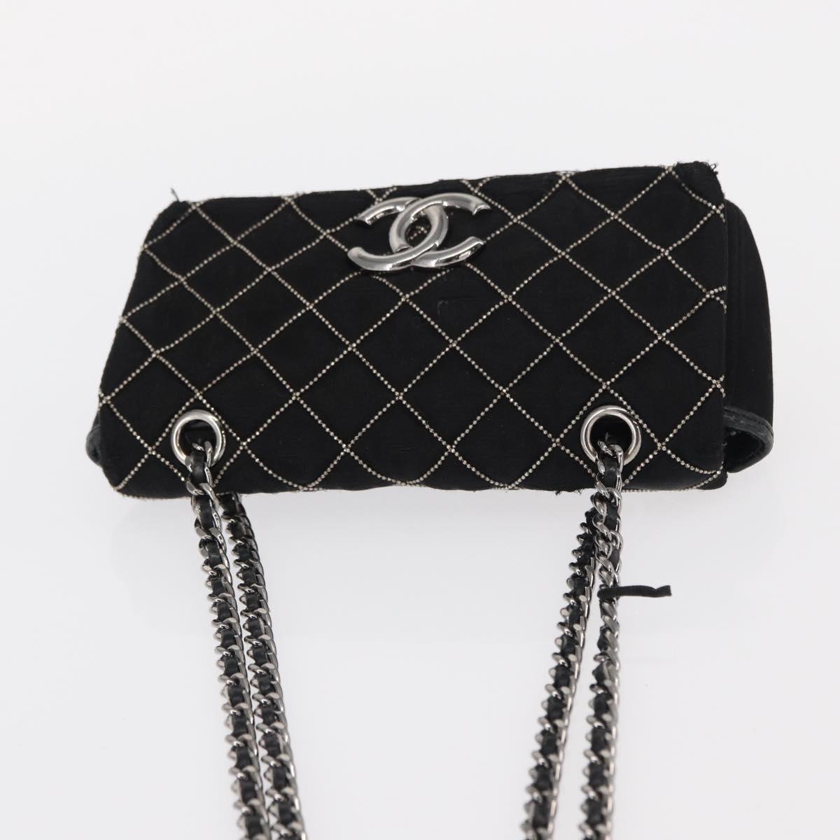 CHANEL Matelasse Chain Shoulder Bag Satin Black Silver CC Auth 157278
