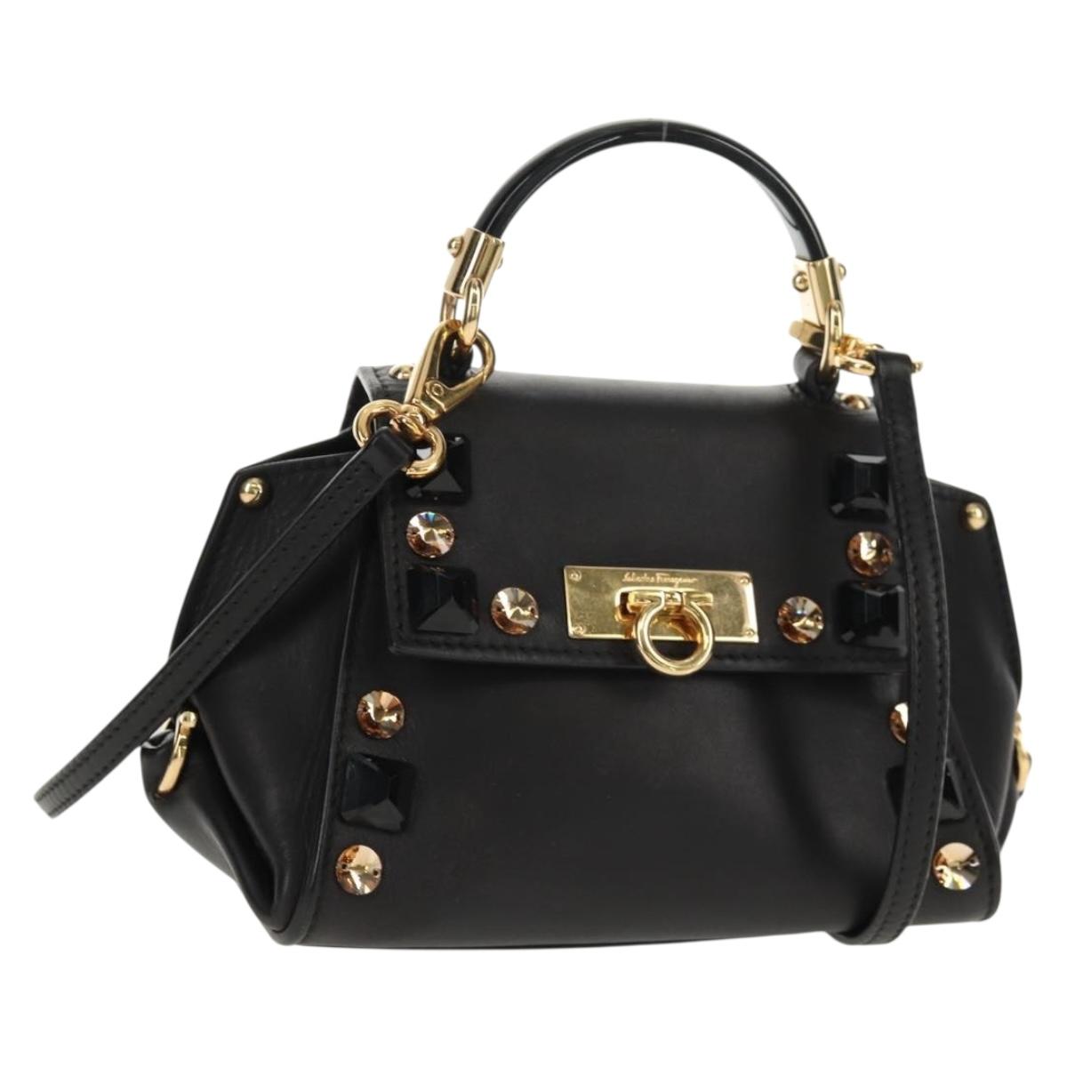 Salvatore Ferragamo Gancini Mini Hand Bag Leather 2way Black Gold Auth 157313V