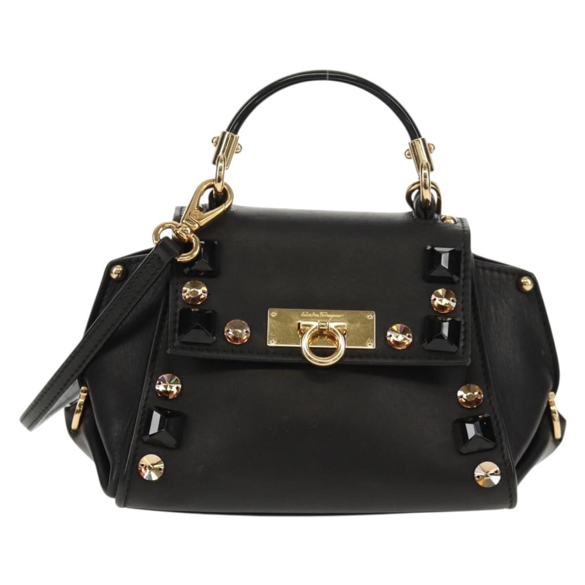 Salvatore Ferragamo Gancini Mini Hand Bag Leather 2way Black Gold Auth 157313V