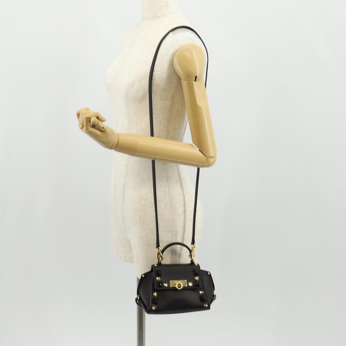 Salvatore Ferragamo Gancini Mini Hand Bag Leather 2way Black Gold Auth 157313V