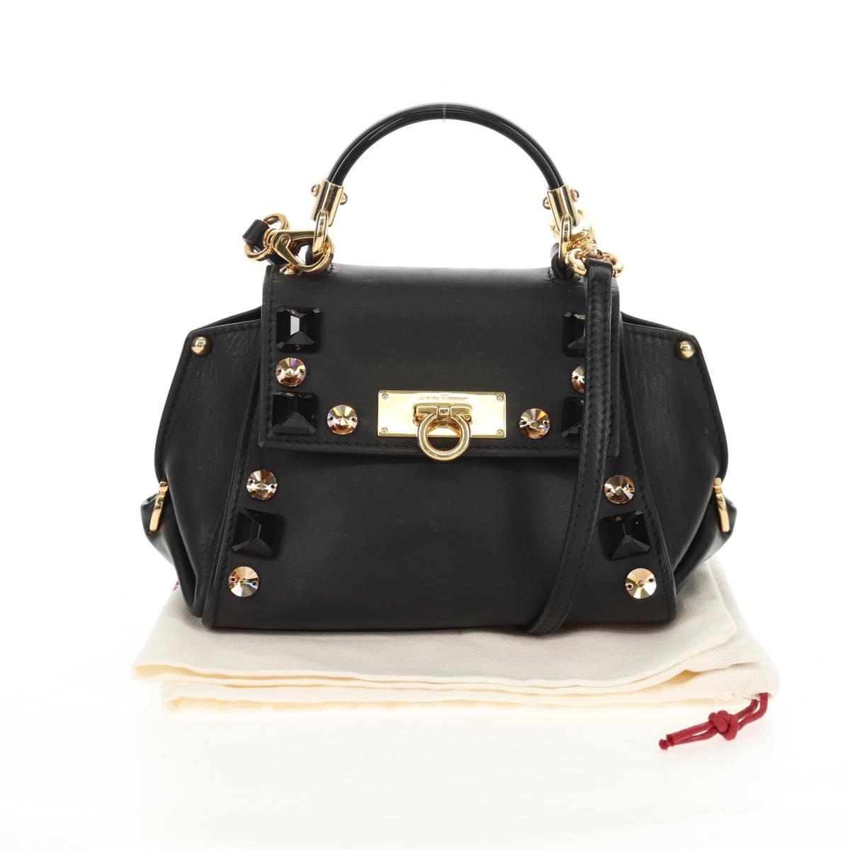 Salvatore Ferragamo Gancini Mini Hand Bag Leather 2way Black Gold Auth 157313V