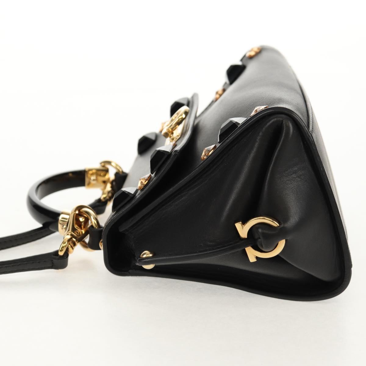 Salvatore Ferragamo Gancini Mini Hand Bag Leather 2way Black Gold Auth 157313V