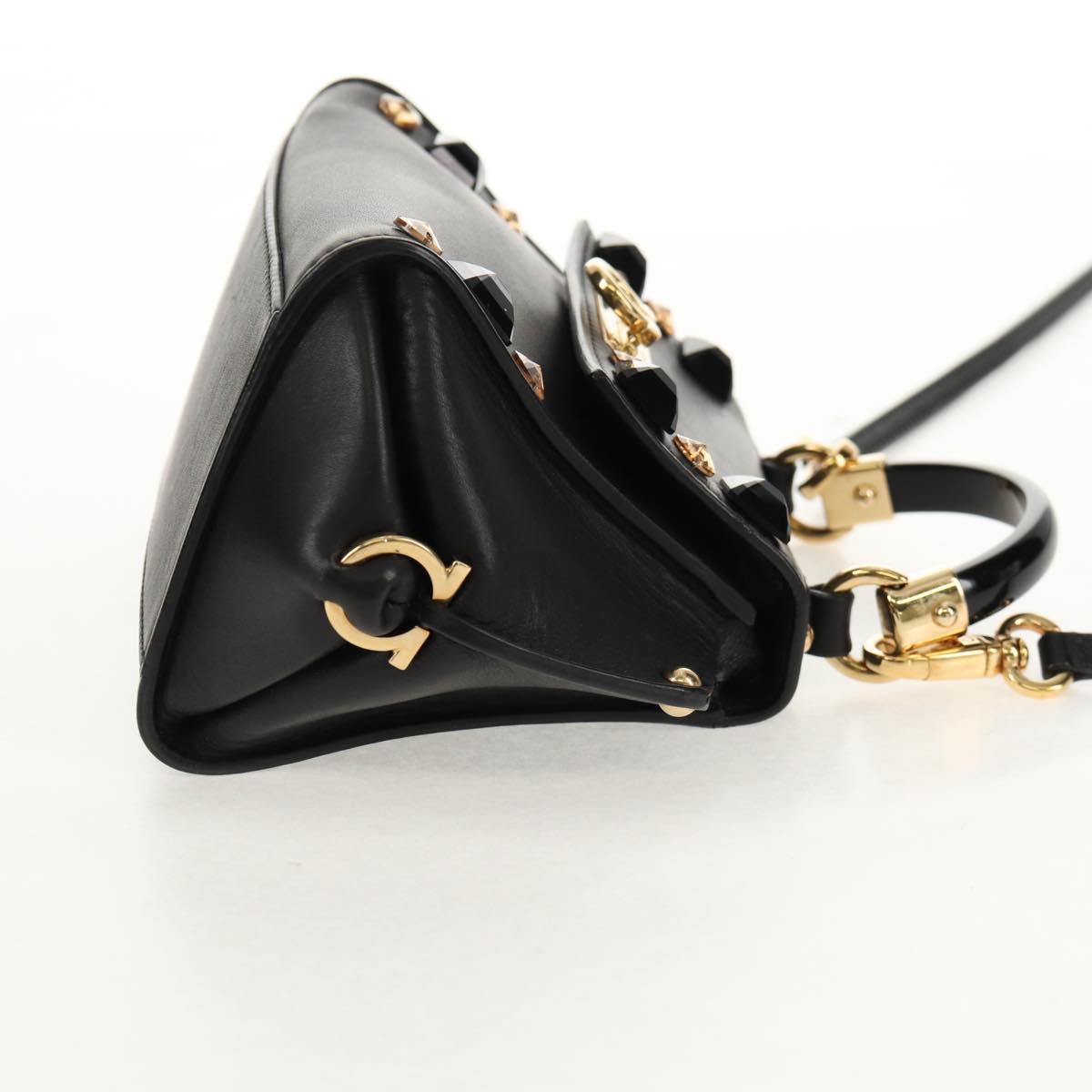 Salvatore Ferragamo Gancini Mini Hand Bag Leather 2way Black Gold Auth 157313V