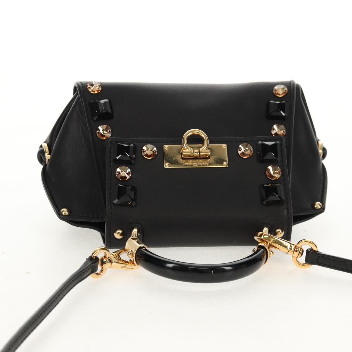 Salvatore Ferragamo Gancini Mini Hand Bag Leather 2way Black Gold Auth 157313V
