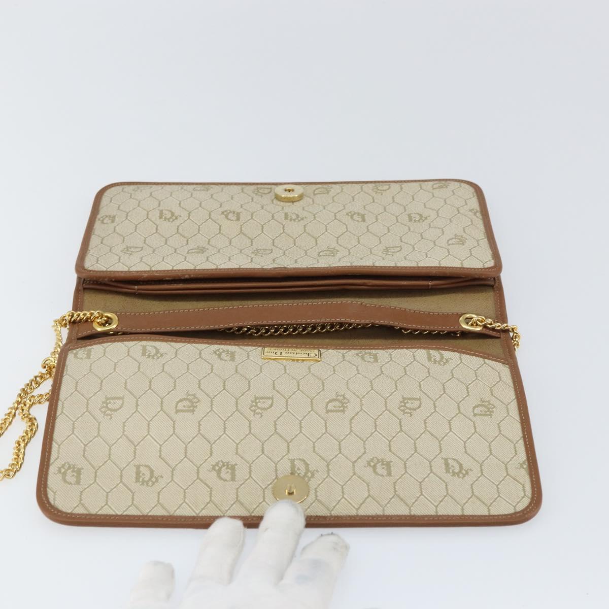 Christian Dior Honeycomb Canvas Chain Shoulder Bag PVC Beige Gold Auth 157341