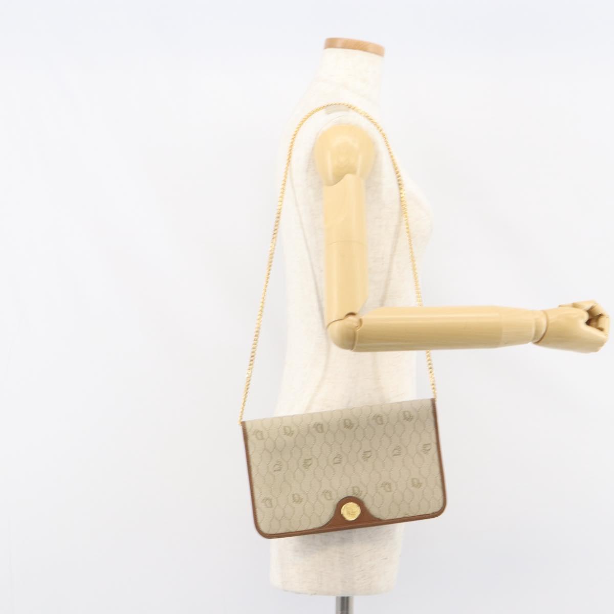 Christian Dior Honeycomb Canvas Chain Shoulder Bag PVC Beige Gold Auth 157341