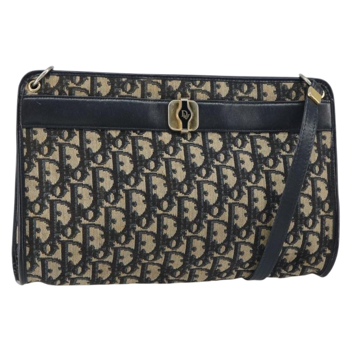 Christian Dior Trotter Canvas Shoulder Bag Navy Gold Auth 157344