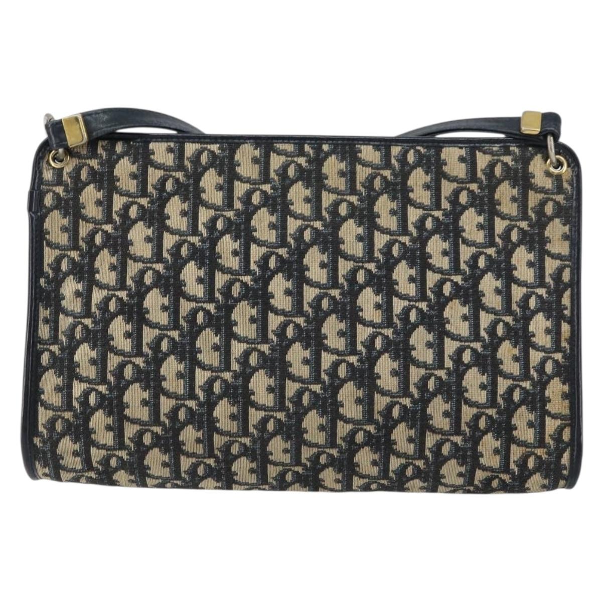 Christian Dior Trotter Canvas Shoulder Bag Navy Gold Auth 157344