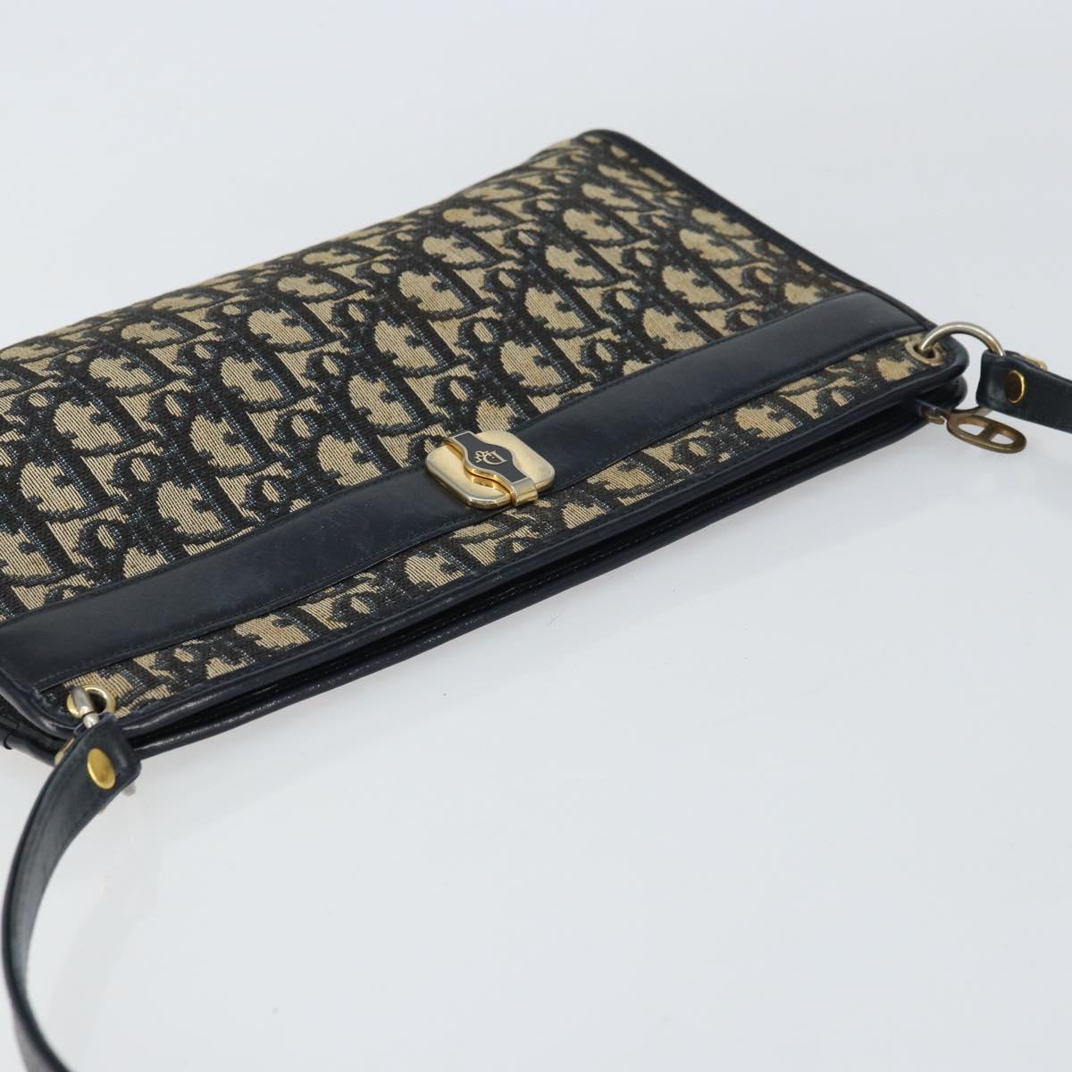 Christian Dior Trotter Canvas Shoulder Bag Navy Gold Auth 157344