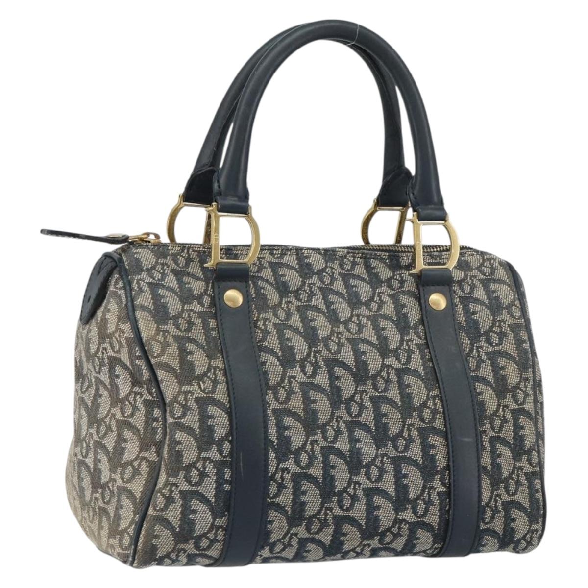 Christian Dior Trotter Canvas Mini Boston Bag Navy Gold Auth 157345