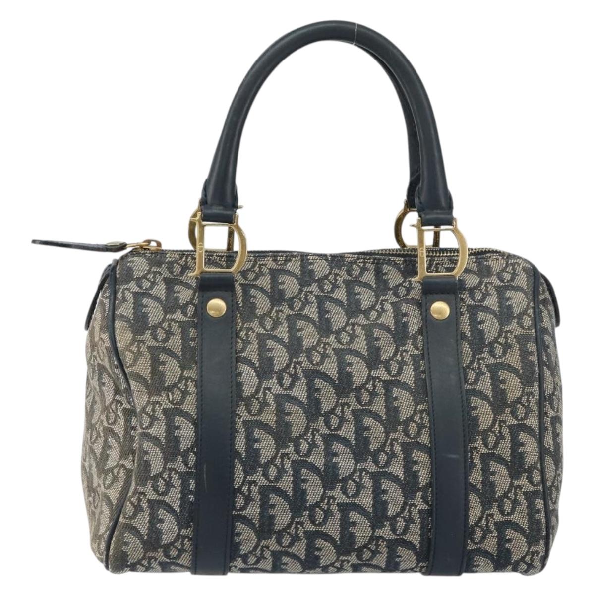 Christian Dior Trotter Canvas Mini Boston Bag Navy Gold Auth 157345