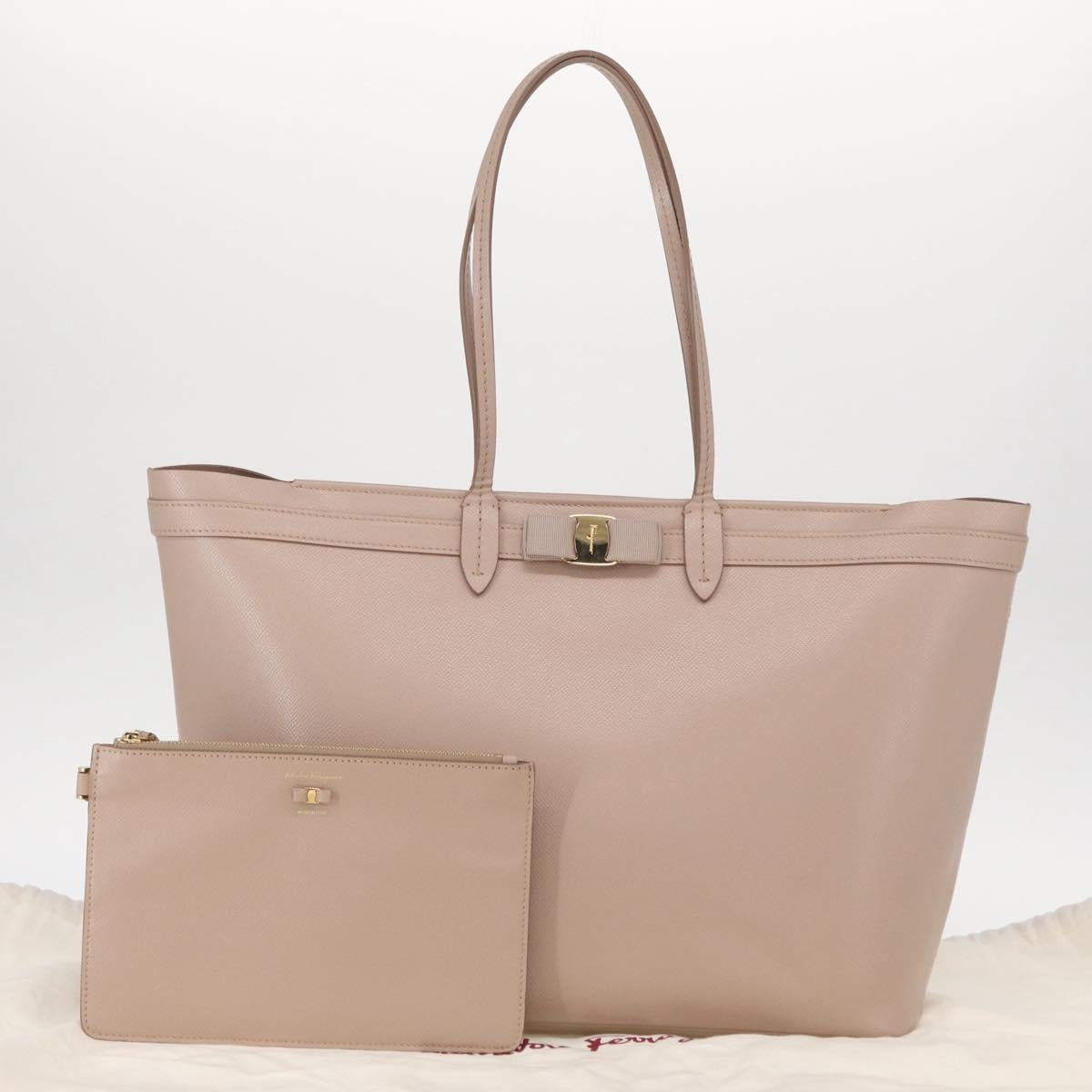 Salvatore Ferragamo Vala Tote Bag Leather Gold Pink Beige Auth 157381