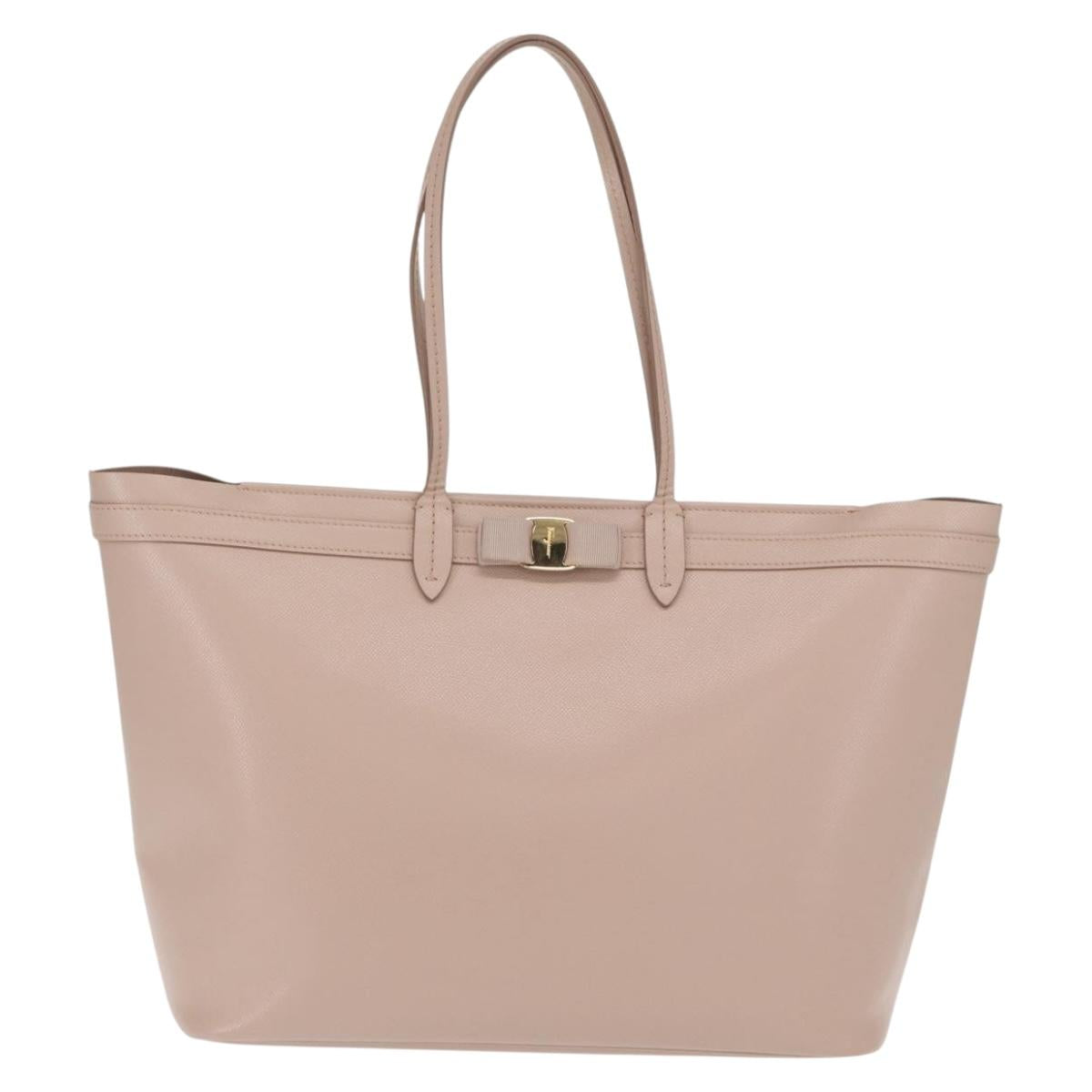 Salvatore Ferragamo Vala Tote Bag Leather Gold Pink Beige Auth 157381