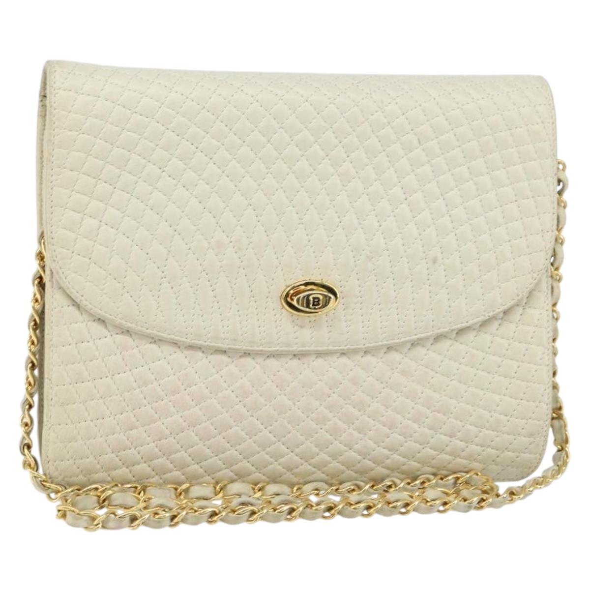 BALLY Quilted Chain Shoulder Bag Leather White Gold Auth 157424