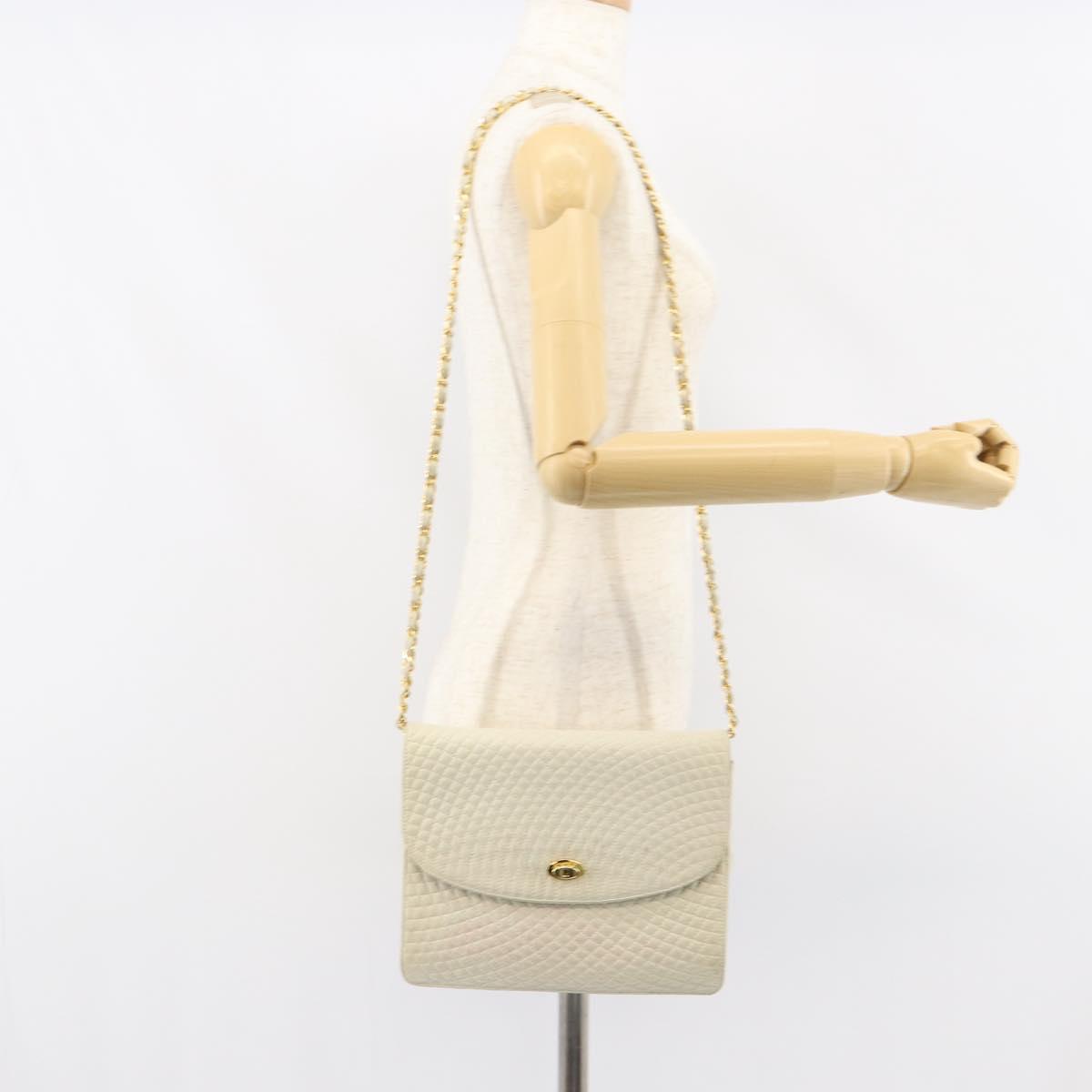 BALLY Quilted Chain Shoulder Bag Leather White Gold Auth 157424