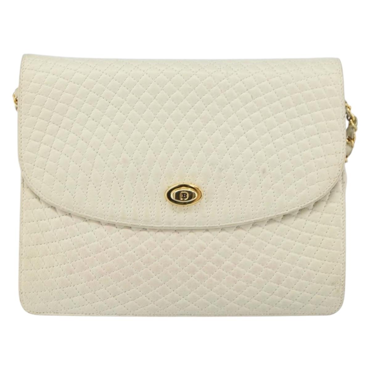BALLY Quilted Chain Shoulder Bag Leather White Gold Auth 157424