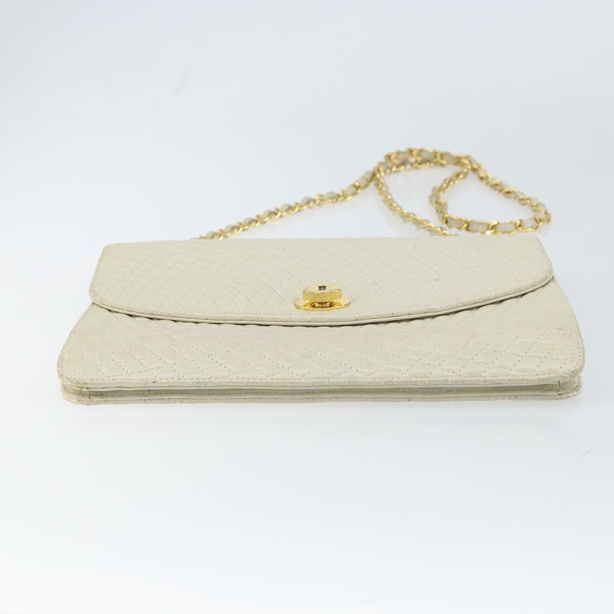 BALLY Quilted Chain Shoulder Bag Leather White Gold Auth 157424