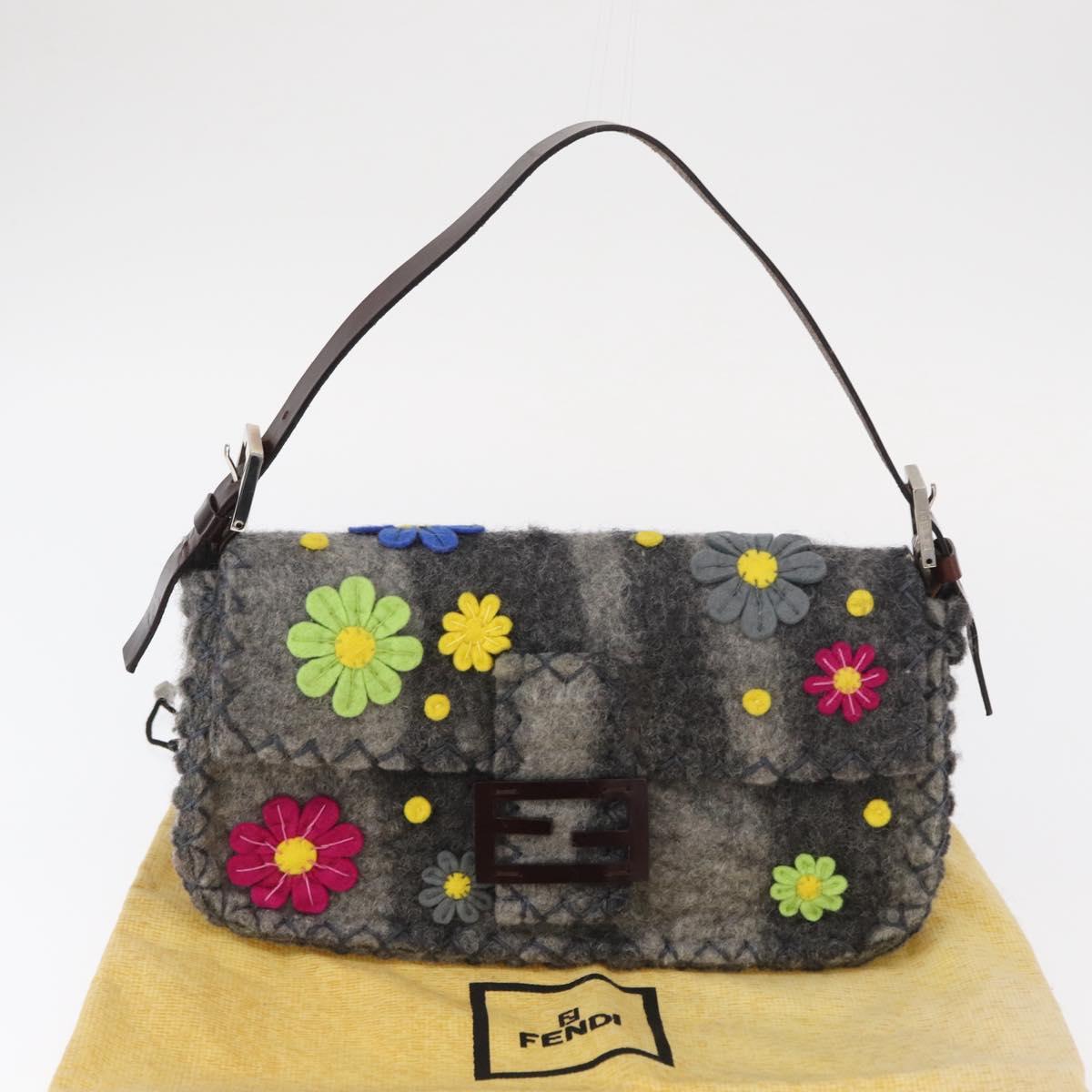 FENDI Floral Mamma Baguette Shoulder Bag Felt Gray Silver Auth 157450SM