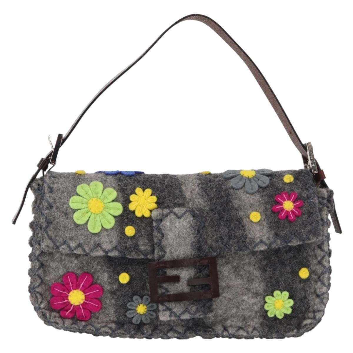 FENDI Floral Mamma Baguette Shoulder Bag Felt Gray Silver Auth 157450SM