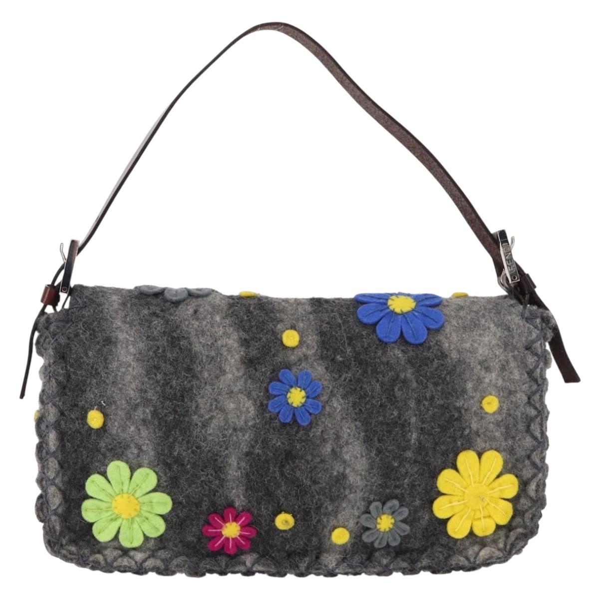 FENDI Floral Mamma Baguette Shoulder Bag Felt Gray Silver Auth 157450SM