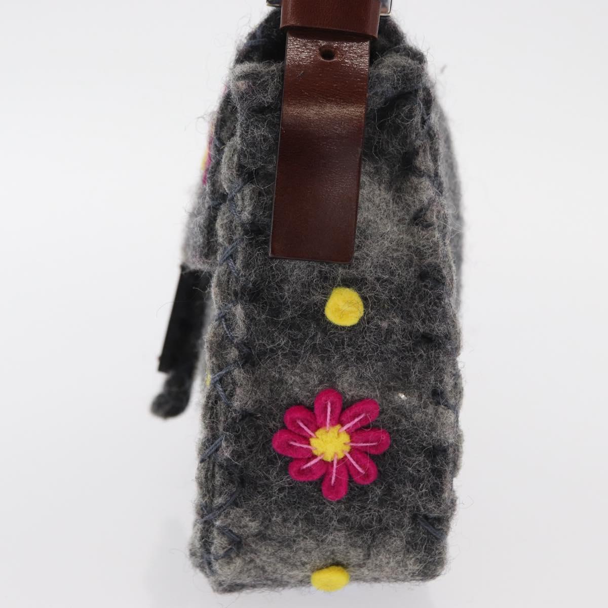 FENDI Floral Mamma Baguette Shoulder Bag Felt Gray Silver Auth 157450SM