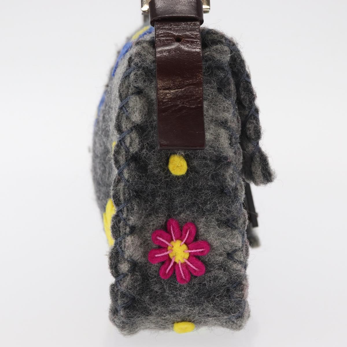 FENDI Floral Mamma Baguette Shoulder Bag Felt Gray Silver Auth 157450SM