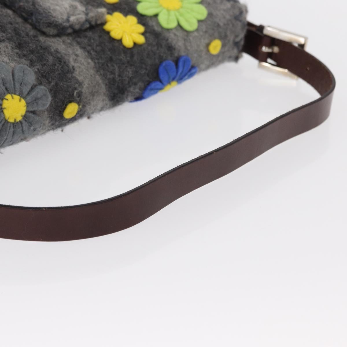 FENDI Floral Mamma Baguette Shoulder Bag Felt Gray Silver Auth 157450SM