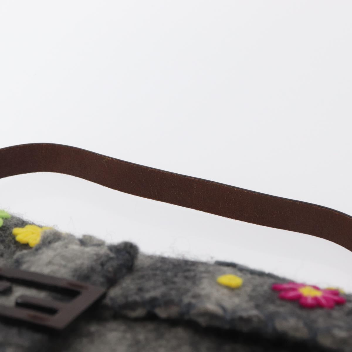 FENDI Floral Mamma Baguette Shoulder Bag Felt Gray Silver Auth 157450SM