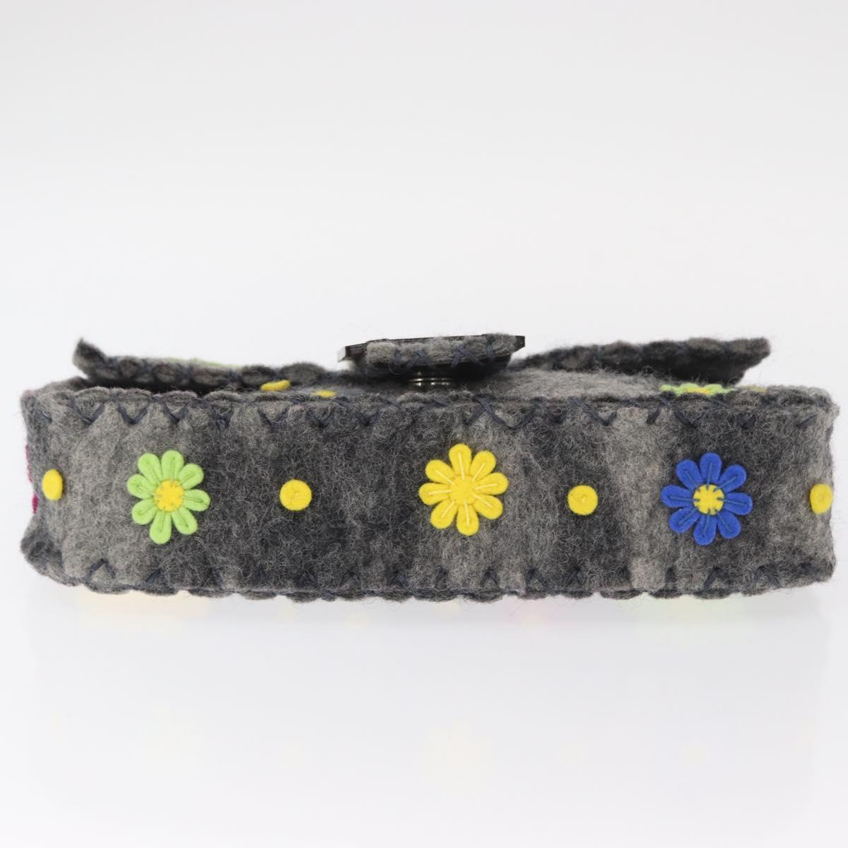FENDI Floral Mamma Baguette Shoulder Bag Felt Gray Silver Auth 157450SM