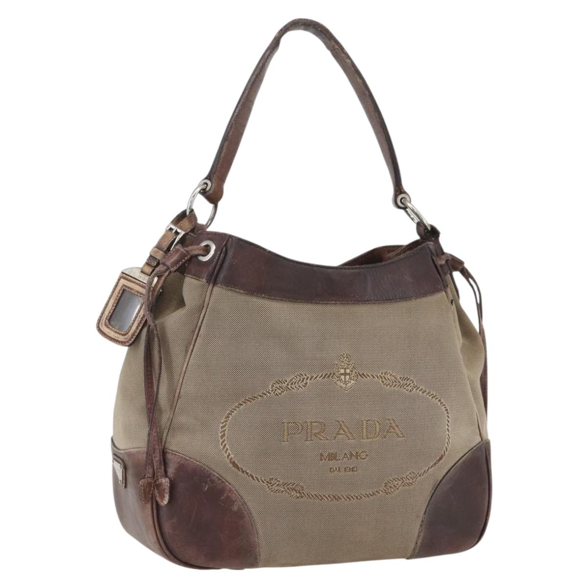 PRADA Tote Bag Canvas Beige Silver Auth 157454