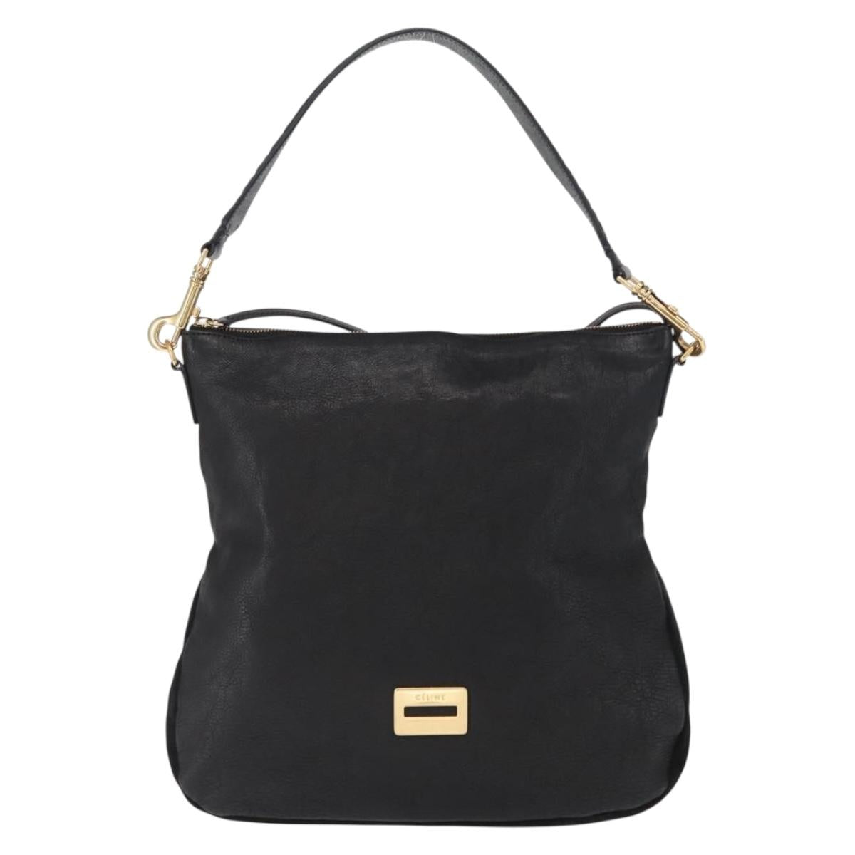 CELINE Shoulder Bag Leather Black Gold Auth 157472