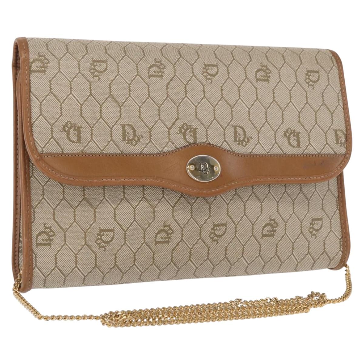 Christian Dior Honeycomb Canvas Shoulder Bag PVC Beige Gold Auth 157506