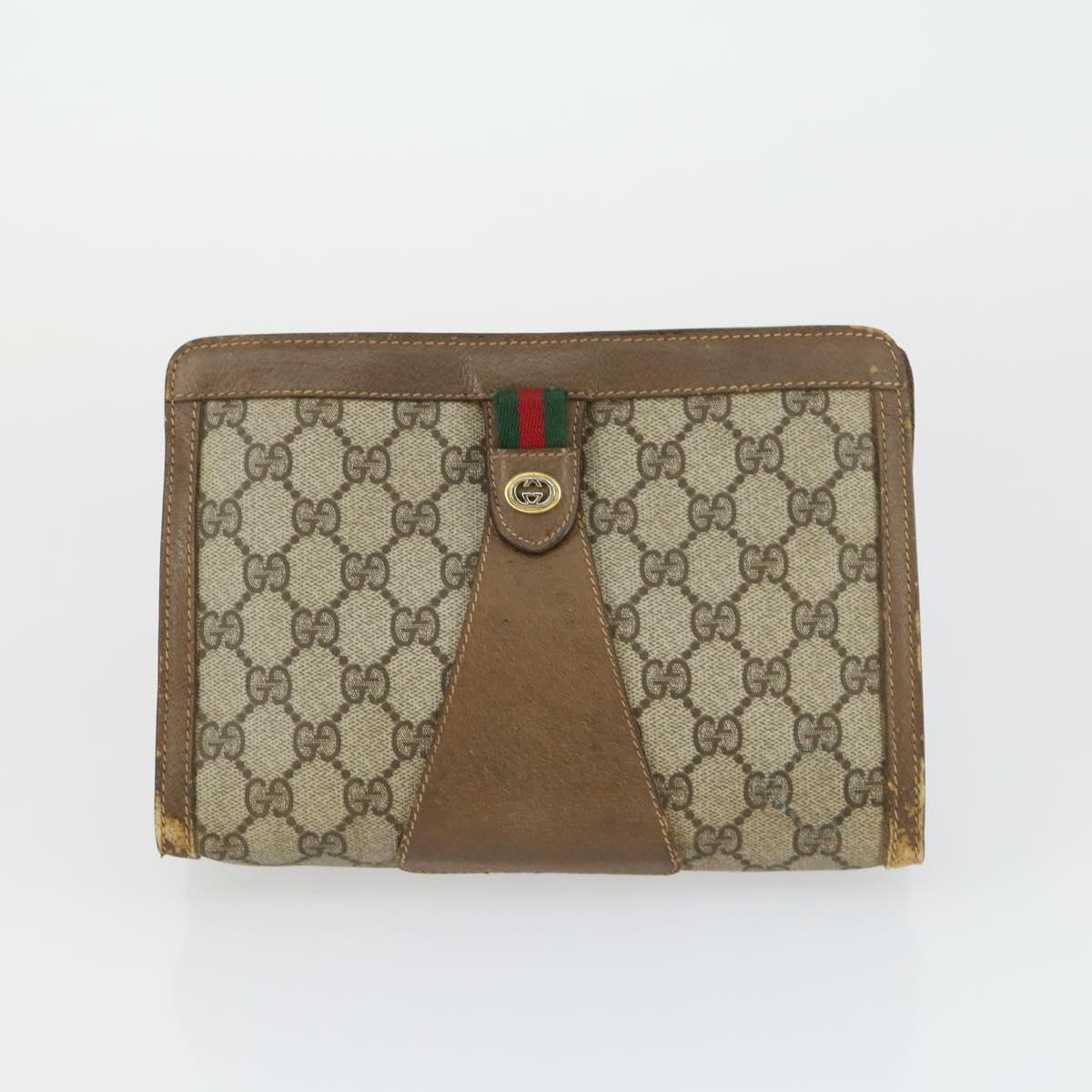 GUCCI GG Supreme Web Sherry Line Clutch Bag PVC Leather 2 Set Beige Auth 157519