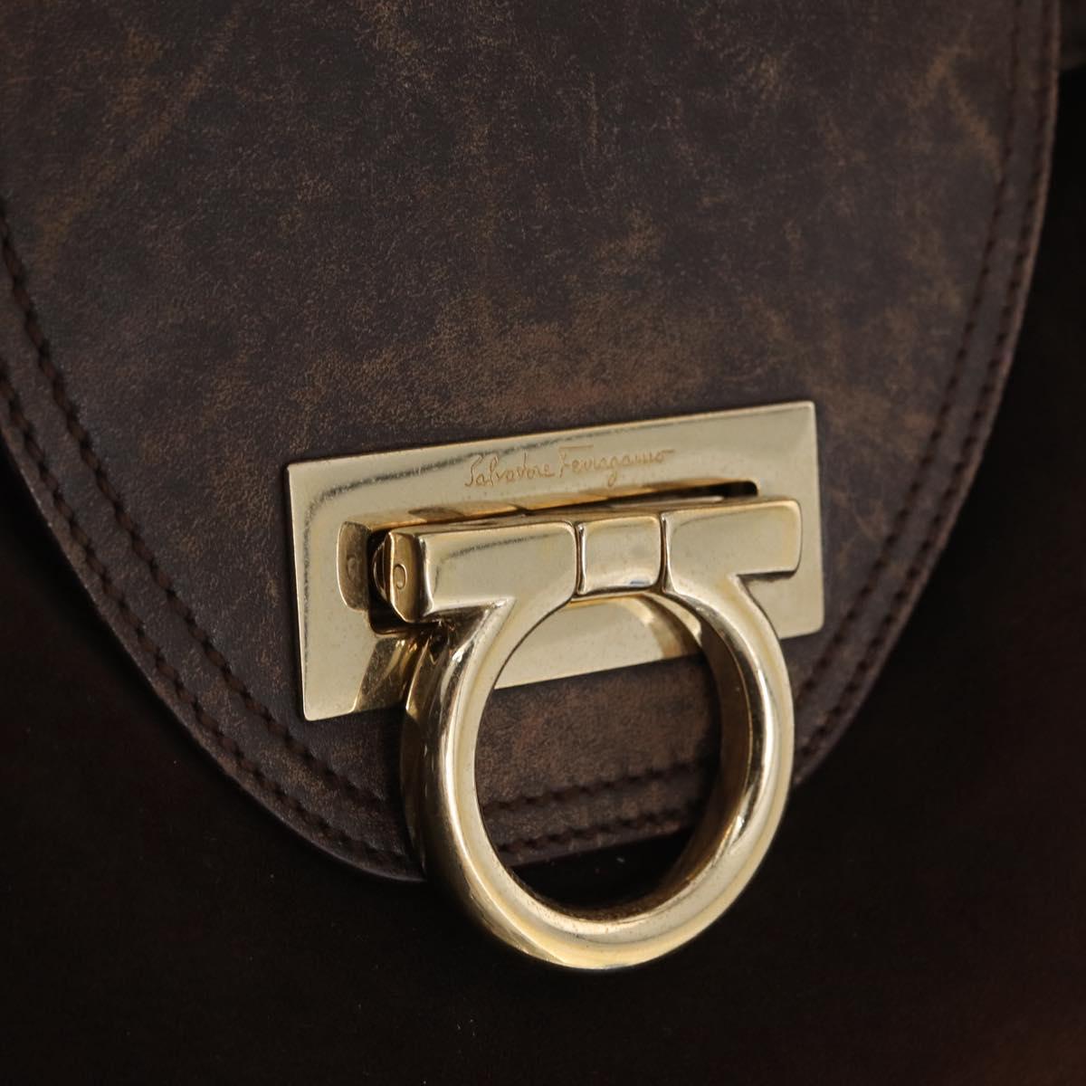 Salvatore Ferragamo Gancini Hand Bag Suede Brown Gold Auth 157530