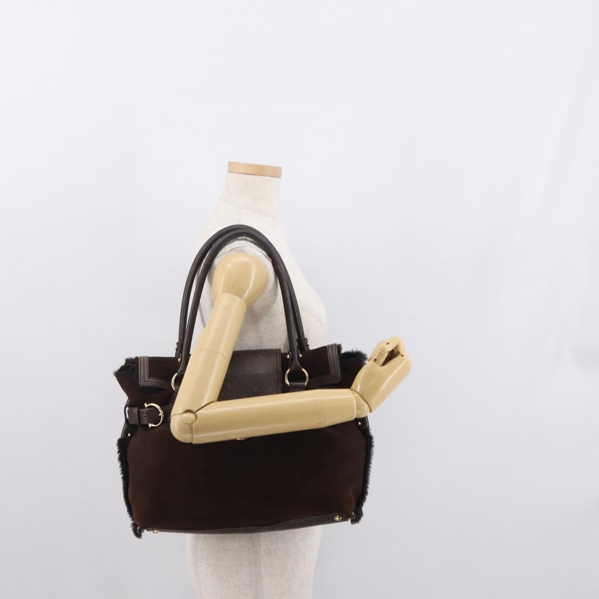 Salvatore Ferragamo Gancini Hand Bag Suede Brown Gold Auth 157530