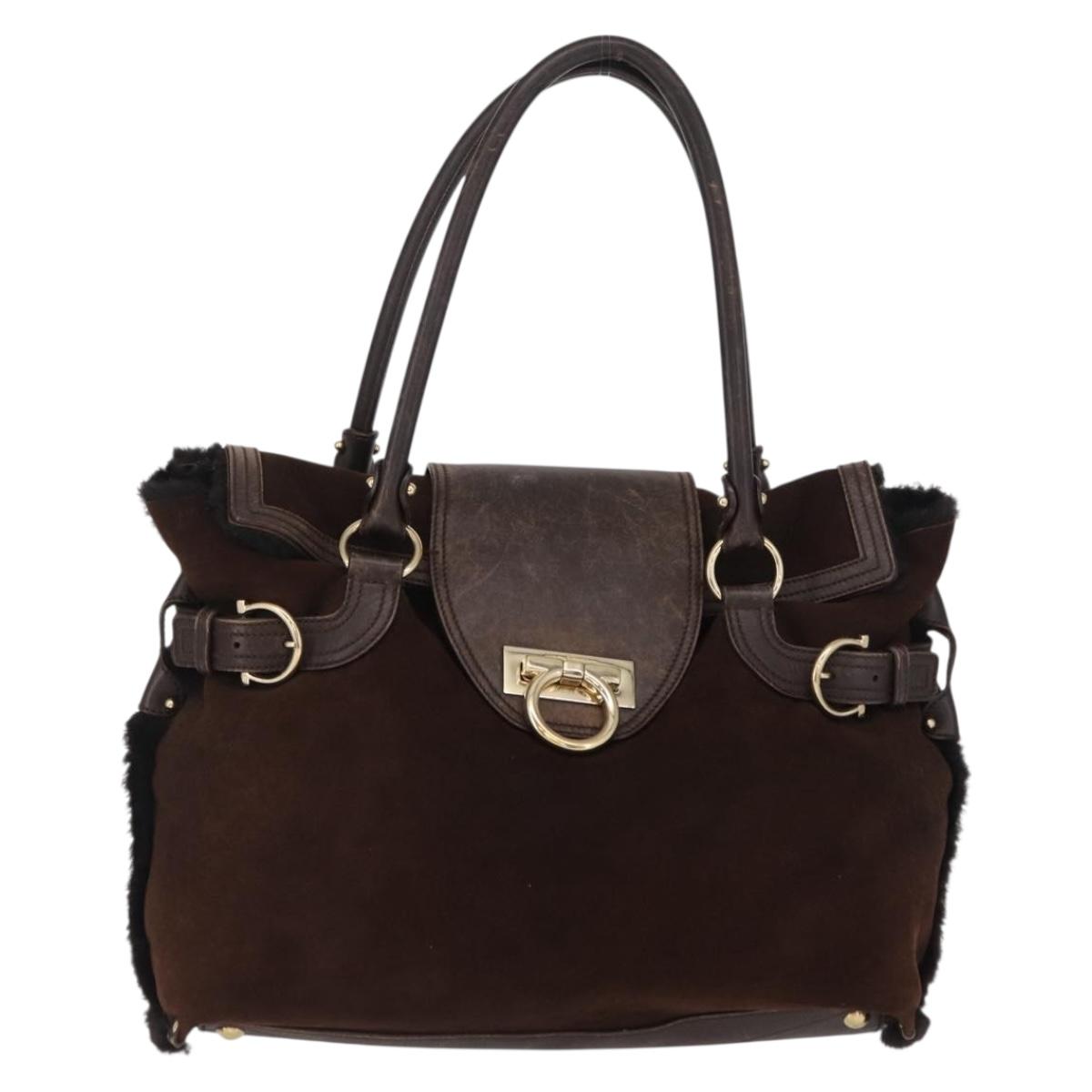Salvatore Ferragamo Gancini Hand Bag Suede Brown Gold Auth 157530