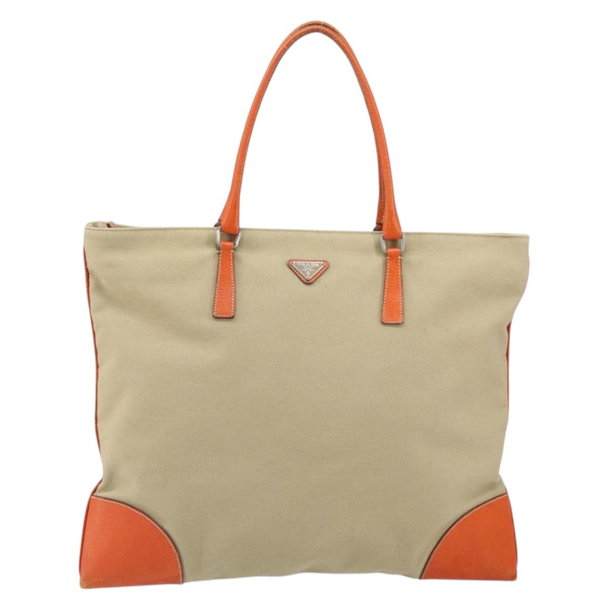 PRADA Hand Bag Canvas Beige Silver Auth 157531