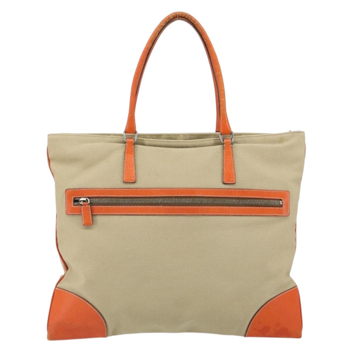 PRADA Hand Bag Canvas Beige Silver Auth 157531