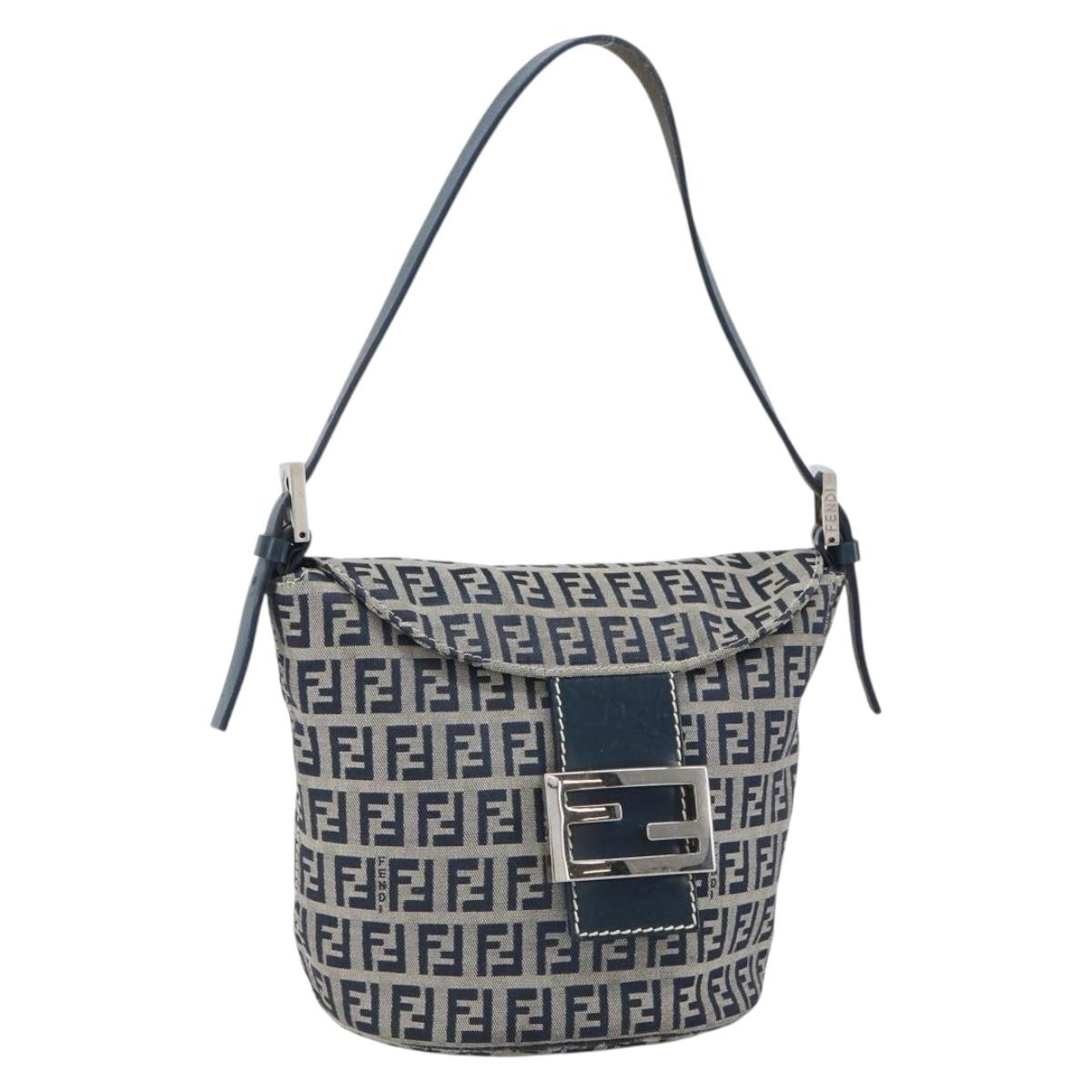 FENDI Zucchino Canvas Mamma Baguette Hand Bag Navy Silver Auth 157532