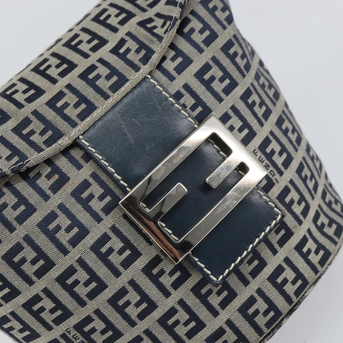 FENDI Zucchino Canvas Mamma Baguette Hand Bag Navy Silver Auth 157532